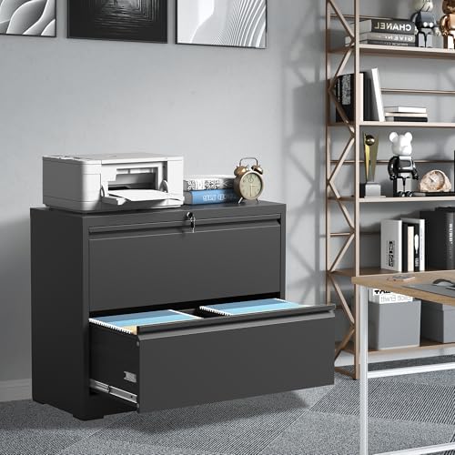 2 Drawer File Cabinet with Lock, Metal Lateral Filing Cabinets - color: Black, size: 2 Drawer_ 35"W