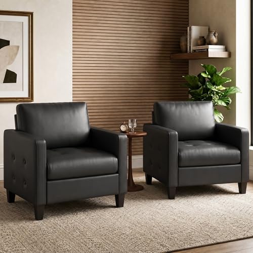 Black Accent Chairs Set of 2, Faux Leather Living Room Chair | STHOUYN, Mid-Century Modern, Tufted Armrest and Seat, Cozy, Office, Reading, Waiting Room, Bedroom - color: Black, size: 2