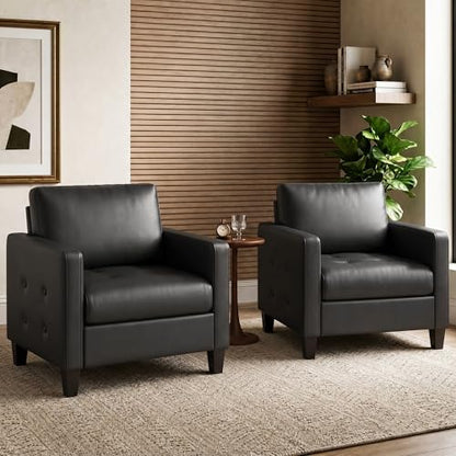 Black Accent Chairs Set of 2, Faux Leather Living Room Chair | STHOUYN, Mid-Century Modern, Tufted Armrest and Seat, Cozy, Office, Reading, Waiting Room, Bedroom - color: Black, size: 2