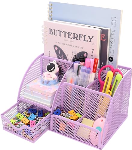 Boutilon Mesh Desk Organizer Desktop Office Supplies Stationary Organizer with 6 Compartments and 1 Drawer Multi-Functional Caddy Pen Holder for Home Office School Desk Decor(Pale Purple) - color: Pale Purple