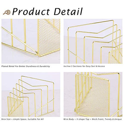 Incline File Sorter, Wire Magazine Holder Rack for Mails, Folders and Books, Desk Paper Storage Organizer for Home and Office, 5 Sections, Gold