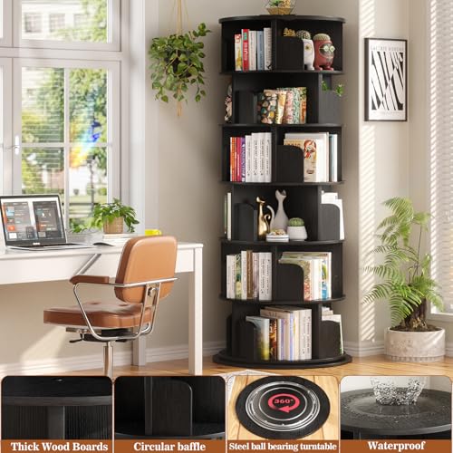 Aheaplus 5 Tier Wood Rotating Bookshelf, 360° Spinning Book Shelf Tower - color: Black, size: 6-Tier