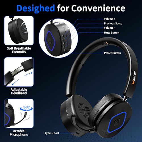 Wantek Wireless Headset with Mic, On-Ear Bluetooth Headset with Noise Cancelling Microphone, USB Dongle, Mute Button & Charging Base for PC, Laptop, Work, Zoom, Teams, Online Meetings, Home Office - color: Black
