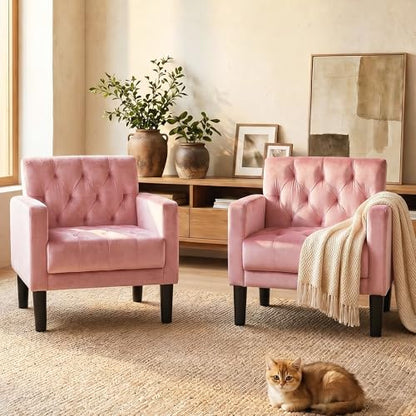 Upholstered Accent Chairs Set of 2, Tufted Armchairs for Living Room - color: Pink