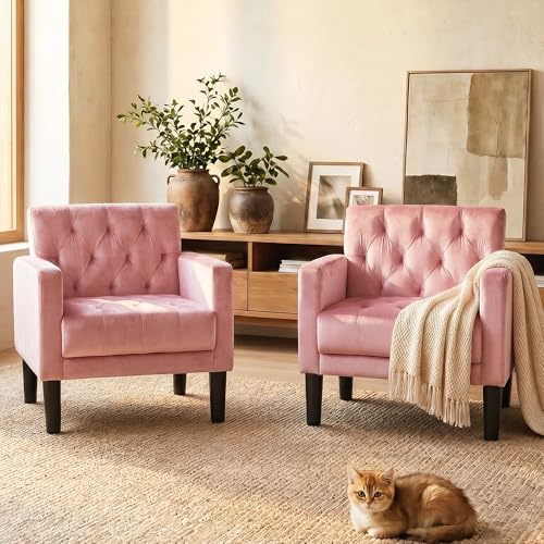 Upholstered Accent Chairs Set of 2, Tufted Armchairs for Living Room - color: Pink