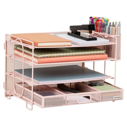 Mind Reader Mesh Desk Organizer, 3 Trays, 1 Drawer, 2 Pen Holders, Office Desktop Organizer, Metal Mesh, Pink - color: Pink
