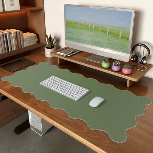 iCasso Leather Mouse Pad,Extra Large Desk Pad with Stitched Edges,Cute Scalloped Computer Mat for Desktop,Non-Slip Nail Mats Green,Waterproof Desk Protector for Office Home School - color: Darkgreen