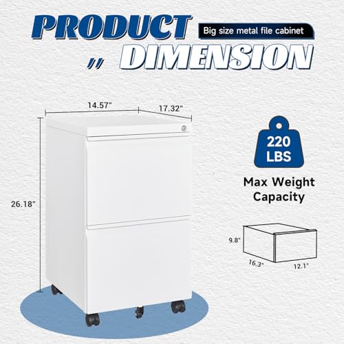 Fesbos 2 Drawers Vertical File Cabinet - Fully Assembled White Under Desk Mobile Filling Cabinet Small Lockable Home Office File Cabinets for A4/Letter/Legal Size - color: White, size: 14.6"W-2 Drawers-Fully Assembled