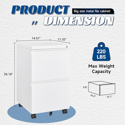 Fesbos 2 Drawers Vertical File Cabinet - Fully Assembled White Under Desk Mobile Filling Cabinet Small Lockable Home Office File Cabinets for A4/Letter/Legal Size - color: White, size: 14.6"W-2 Drawers-Fully Assembled