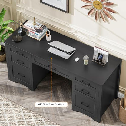 Vabches Home Office Desk with 7 Drawers, Pure Black. | Farmhouse 61'' Rustic Office Desk Computer Table with File Drawers, Wood Workstation for Home Office and Study. - color: 61in Pure Black