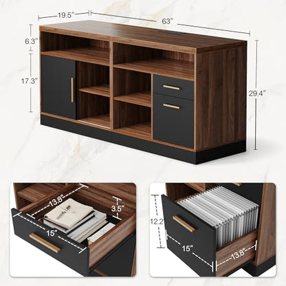 ModernMate 63" Lateral File Cabinet with Lock,2-Drawer Home Office Storage - color: Black Walnut