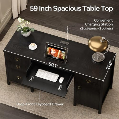 EYYTHUNG 59" Executive Desk with File Drawers Cabinet, Modern Computer Desk with Charging Station, Keyboard Tray, Large Home Office Desk, Farmhouse Wood Desk for Study, Writing, Black - color: Black