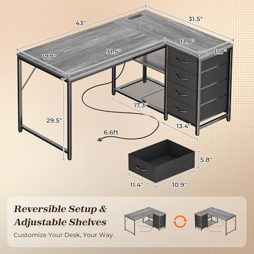 PRAISUN 43.3" Small L Shaped Desk with Power Outlets & 4 Drawers | Reversible Computer Desk with 2 Storage Shelves, Corner Office Desk for Gaming Writing Work Study, Grey - color: Grey, size: 43.3 Inch