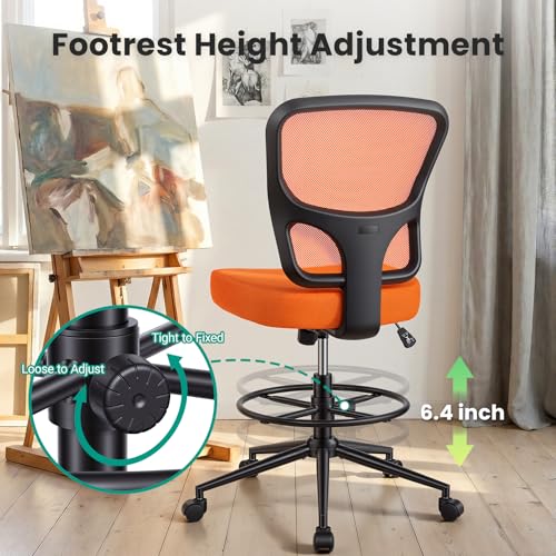 Armless Drafting Chair Tall Office Chair for Standing Desk - Adjustable Height Mesh Ergonomic Stool with Foot Ring, Rolling Counter Height Computer Chair for Small Spaces & Home Office - color: Orange