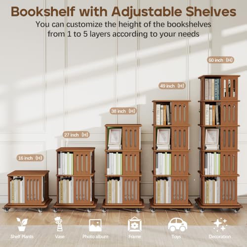 Baoz 60" Tall Rotating Bookshelf Tower, 5 Tier Walnut Spinning Bookcase