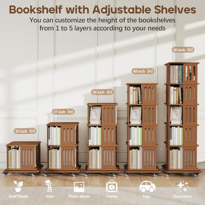 Baoz 60" Tall Rotating Bookshelf Tower, 5 Tier Walnut Spinning Bookcase
