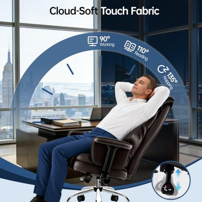 Big and Tall Office Chair - Executive High Back Leather Office Desk Chair with Adjustable Lumbar Support - Ergonomic Comfortable Heavy Duty Computer Gaming Chair with Padded Arms & Wide Seat - color: Brown