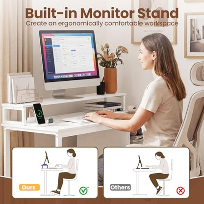 Tangkula Home Office Computer Desk w/Power Outlets | Modern Writing Desk w/Storage Drawers & Shelves, PC Laptop Desk w/Monitor Stand, School Study Work Table for Small Spaces