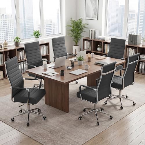 JOMEED Office Desk Chair,Conference Room Chair,High Back PU Leather Swivel | Modern Executive Ribbed Design, Ergonomic, Height Adjustable, Wheels and Arms, for Home Office(Grey-Silver Frame) - color: Grey-sliver Frame