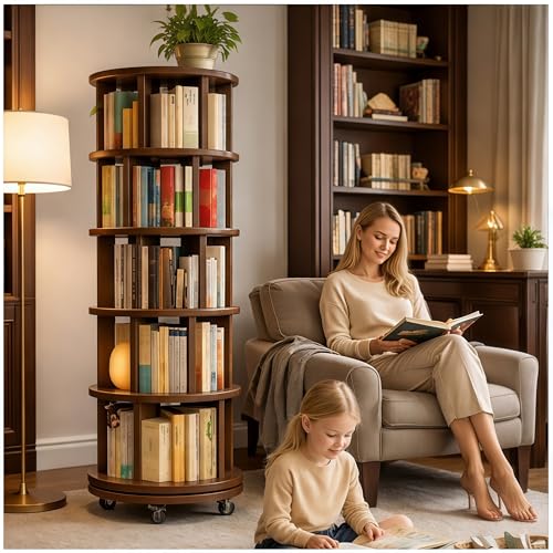 Solid Wood Rotating Round Bookshelf Towers with Wheels, Brown Revolving Bookcase 5 Tier 360° Wooden Book Shelf tall bookshelves, Narrow Rolling dvd Storage Rack,book storage,space saving(walnut, - color: Walnut, size: 5 Tier, 66.1"H