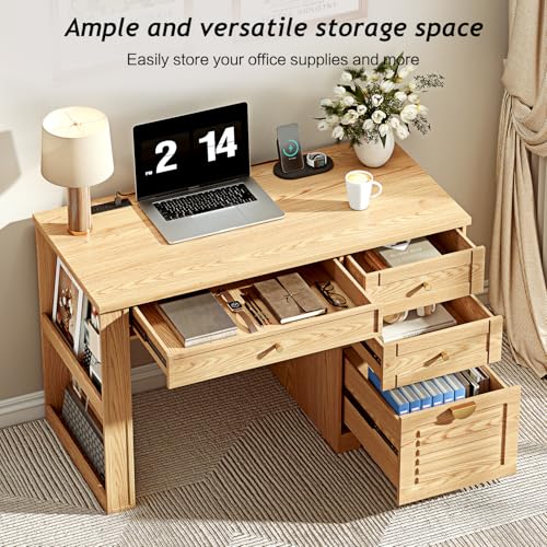 Ieejdn 47" Home Office Desks, Executive Desk, Farmhouse Computer Desk with Drawers and Charging Station, File Drawer, Storage Cabinet, Rustic Computer Writing Desk,Antique Natural - color: Natural, size: 47.24"