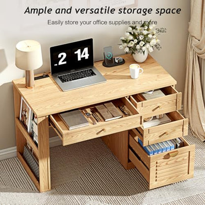 Ieejdn 47" Home Office Desks, Executive Desk, Farmhouse Computer Desk with Drawers and Charging Station, File Drawer, Storage Cabinet, Rustic Computer Writing Desk,Antique Natural - color: Natural, size: 47.24"