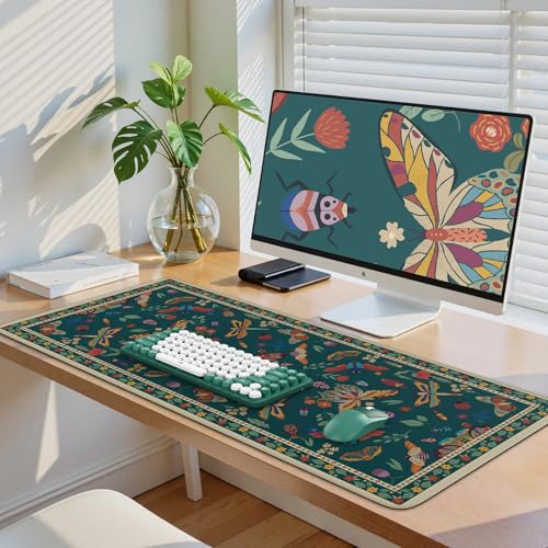 iCasso Desk Pad,Desk Matt for Desktop,Cute Mouse Pad,Green | Anti-Slip Large Mousepad with Stitched Edges,Keyboard Pad Mouse Mat for Home Office Work - color: Butterfly-green