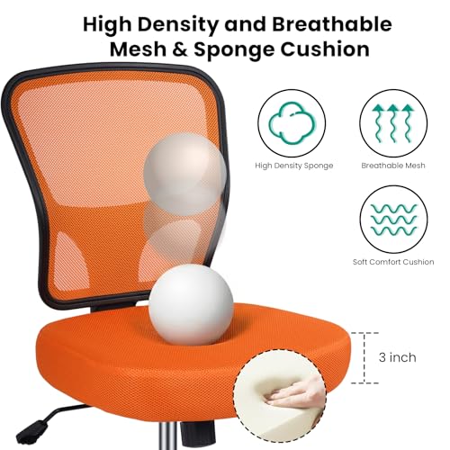 Armless Drafting Chair Tall Office Chair for Standing Desk - Adjustable Height Mesh Ergonomic Stool with Foot Ring, Rolling Counter Height Computer Chair for Small Spaces & Home Office - color: Orange
