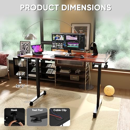 Monomi Electric Standing Desk 55”x24”, Height Adjustable Desk with Wheels - color: Dark Wood Gain, size: 55