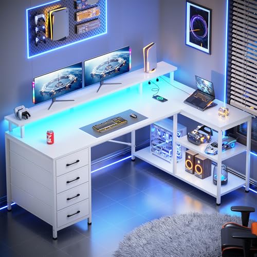 SEDETA L Shaped Gaming Desk with 4 Drawers, Shelves, Power Outlets, White - color: White
