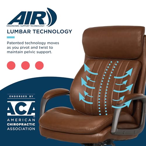 La-Z-Boy High-Back Ergonomic Office Chair, AIR Lumbar Support Leather Chair | Nova, 350lb Capacity Executive Task Chair, Padded Headrest & Arm, Layered Foam Seat Cushion, Swivel, Back Pain Relief, Cognac - color: Cognac