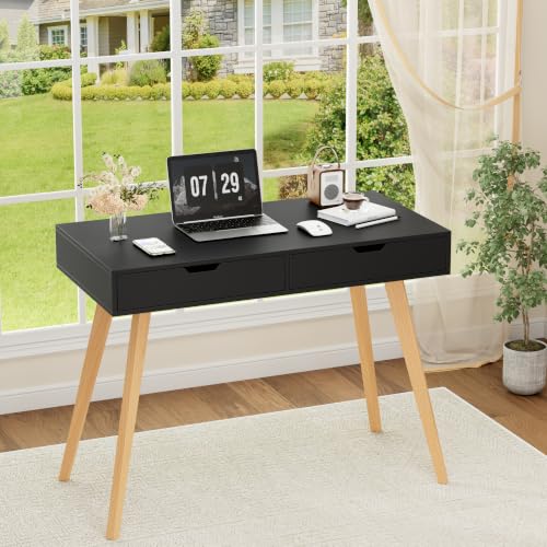 FOTOSOK Writing Desk with 2 Drawers, Small Desk Makeup Vanity Table, Black | Wood Computer Desk with 4 Solid Oak Legs, Home Office Desk & Study Table, Mid Century Desk for Bedroom Small Spaces - color: Black