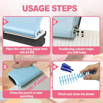 10 Hole Punch Binding Machine for Planner, Manual Binding System with 10 Multi-Color Binder Rings for Making 26 Holes on B5, 30 Holes on A4, 20 Holes on A5 Book, 10 Sheet Capacity (Blue) - color: Blue