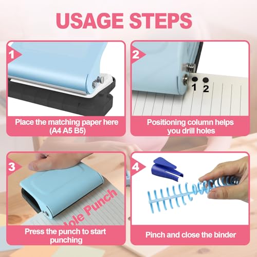10 Hole Punch Binding Machine for Planner, Manual Binding System with 10 Multi-Color Binder Rings for Making 26 Holes on B5, 30 Holes on A4, 20 Holes on A5 Book, 10 Sheet Capacity (Blue) - color: Blue