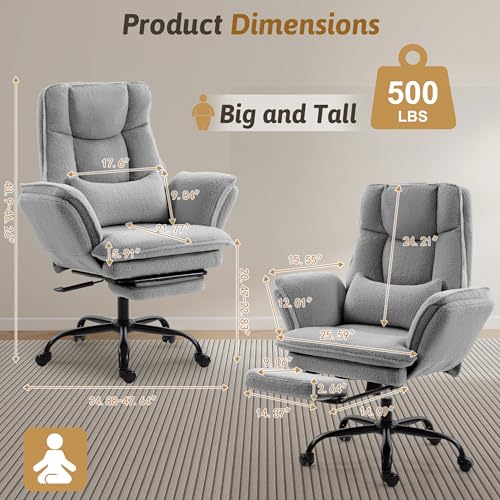 Wider Seat Office Chair with Flip Armrests for Criss Cross Legged&Cats, Big and Tall Executive Ergonomic Reclining Chair with Footrest&Lumbar Pillow, Teddy Fleece Desk Chair,Grey Vanity Chair - color: Grey