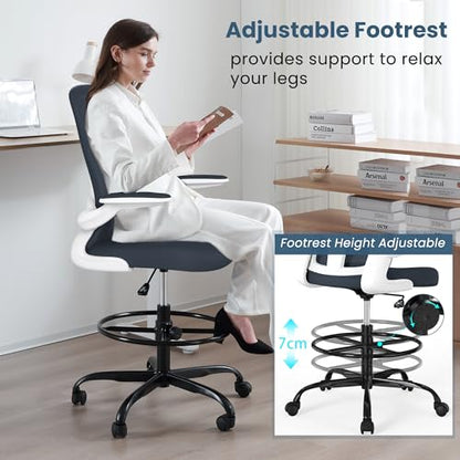 Drafting Chair, Tall Office Chair with Flip-up Armrests Executive Ergonomic Computer Standing Desk Chair, Office Drafting Chair with Lumbar Support and Adjustable Footrest Ring - color: Dark Grey