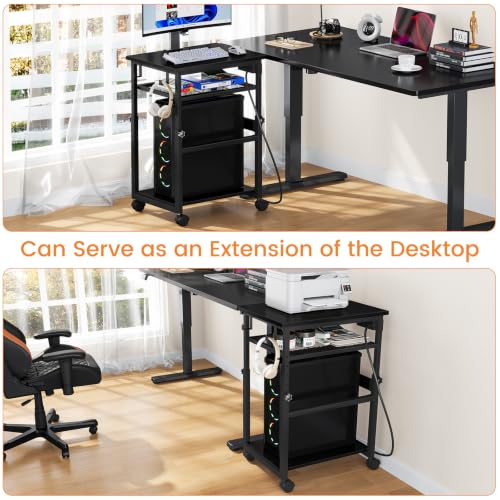 Snughome 3-Tier Extra-Large Computer Tower Stand with Charging Station, 25.2''-35.8'' Height-Adjustable PC Tower Stand, Rolling CPU Cart with Lockable Wheels for Office Home Gaming - size: 23.62" L x 15.75" W x 35.8"