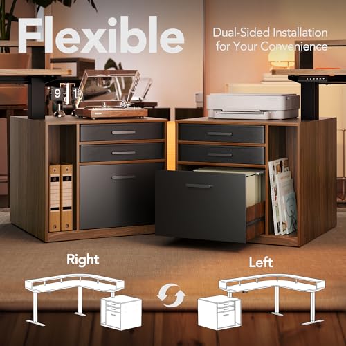 HUANUO LED Electric L Shaped Standing Desk with File Cabinet, Walnut | 63"x55" 2-Tier L-Desk,3-Drawer File Cabinet,RGB LED App Lighting,Built-in Power Outlets,27.6"-46.5" Adjustable Height - color: Walnut, size: with File Cabinet