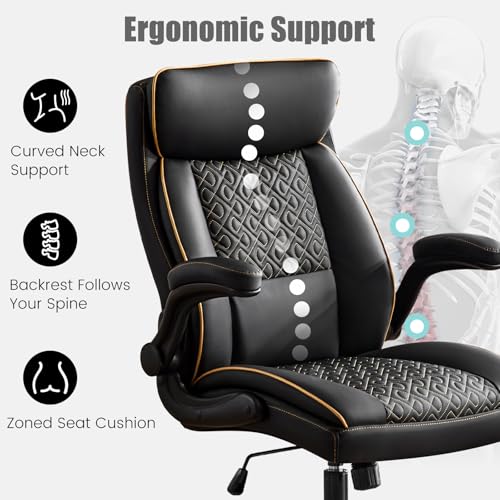 Leather Executive Office Chair, Computer Desk Chair with Lumbar Support, Comfortable Home Office Chairs 400lbs with Padded Flip-up Armrests, Height Adjustable, Tilting Function, Black - color: Black