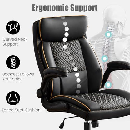 Leather Executive Office Chair, Computer Desk Chair with Lumbar Support, Comfortable Home Office Chairs 400lbs with Padded Flip-up Armrests, Height Adjustable, Tilting Function, Black - color: Black