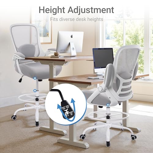 HYLONE 400lbs Heavy Duty Drafting Chair 5" Thickened Seat Office Chair with Flip-Up Armrests Tall Ergonomic Computer Chair with Lumbar Support and Adjustable Footrest Ring Standing Desk Chair (Grey) - color: Grey