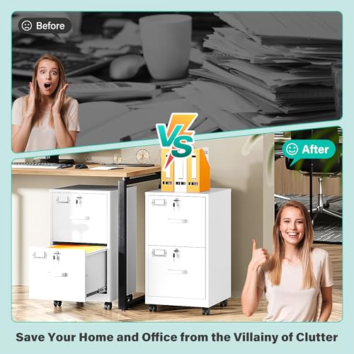 2 Drawer File Cabinet with Lock and Wheels,White Rolling File Cabinets,Locking Mobile Metal Filing Cabinet for Home Office,Under Desk,Fit A4/Letter/Legal File, Easy Assembly - color: White, style: 2 Drawer with Wheels