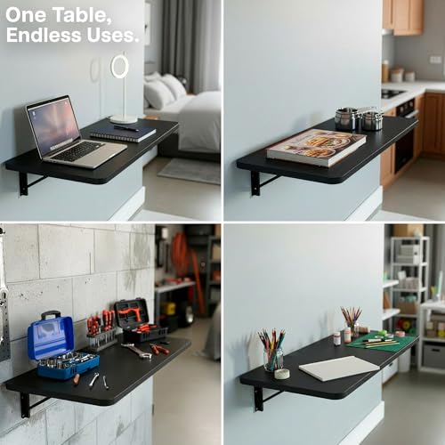 VIVO Wall Mounted Folding 43 inch Workbench, Fold Away Table Workstation Shelf with Adjustable Steel Brackets, Black, MOUNT-SF1FB - color: Black
