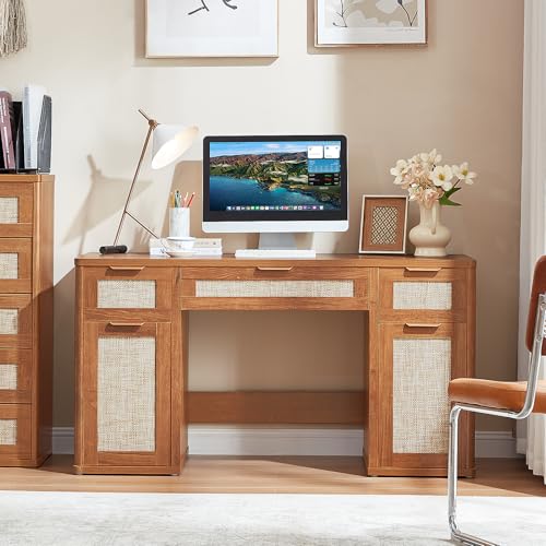 LEYAOYAO Office Desk 56" with 5 Drawers Storage File Cabinet, Tea Brown - color: Tea Brown