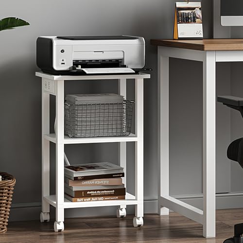 TUTOTAK Printer Stand, 3 Tier Rolling Printer Cart with Charging Station | Small Under Desk Printer Table with Wheels for Small Space, Office, Home, White PS02BW001 - color: White, size: 3 tier(15.7 x 11.8 x 23.6inchs)