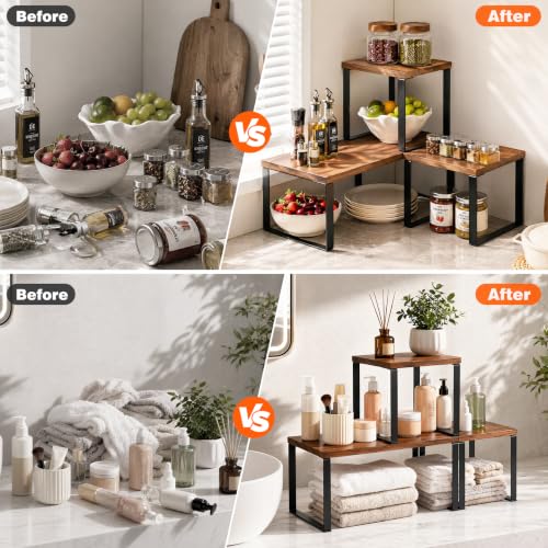 Countertop Organizer Corner Shelf, Wooden 2 Tier Stackable Kitchen Counter Shelves with Non-Slip Pads, Adjustable 3-Piece Desktop Corner Shelf for Desk, Kitchen, Bathroom, Coffee Corner