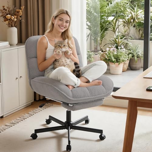 Cross Legged Chair with Foot Rest, Thick Cushioned Criss Cross Chair with Wheels, Armless Wide Seat Reclining Desk Chair, Height Adjustable Cross Legged Office Chair for Home Office, Grey - color: Grey