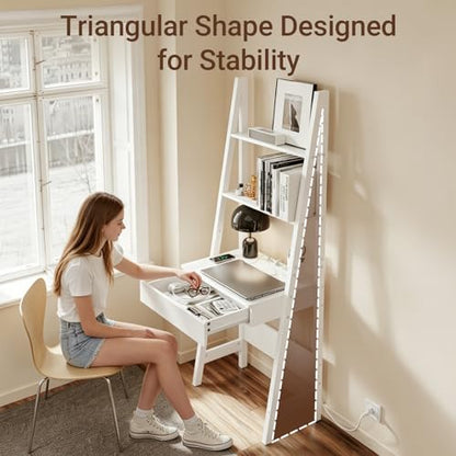 Haotian Ladder Desk with Power Outlet | Narrow Bookshelf Desk with Drawer and Shelves, Compact Secretary Desk for Small Spaces, Bedroom, Home, Office - size: Ladder Desk with Power Outlet