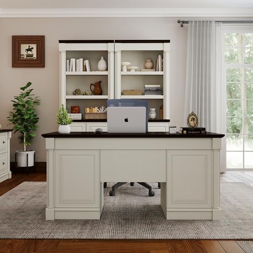 Bevfint 61.85″ Executive Desk with Roman Column Design, Large Boss Office Desk 3 Drawers incl. File Drawer, Keyboard Tray, Cabinet Shelf with Door, White with Brown Desktop - color: White With Brown Desktop, size: 61.85" Roman Column Desk