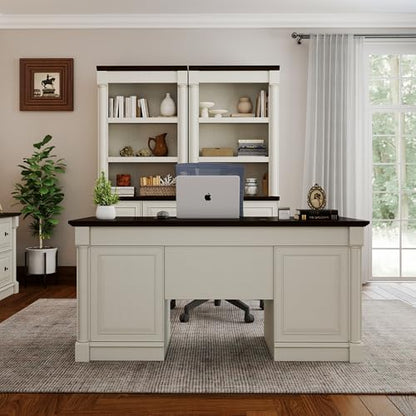 Bevfint 61.85″ Executive Desk with Roman Column Design, Large Boss Office Desk 3 Drawers incl. File Drawer, Keyboard Tray, Cabinet Shelf with Door, White with Brown Desktop - color: White With Brown Desktop, size: 61.85" Roman Column Desk